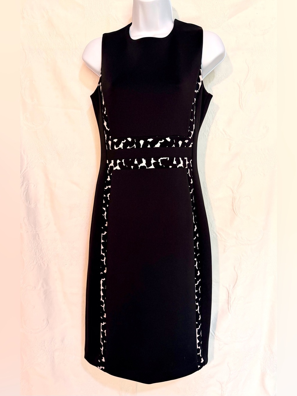 Calvin Klein Black Midi Sheath Dress with White Patterned Trim D0042